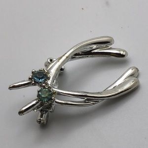 Vintage Double Silver Wishbone with Turquoise Rhinestone